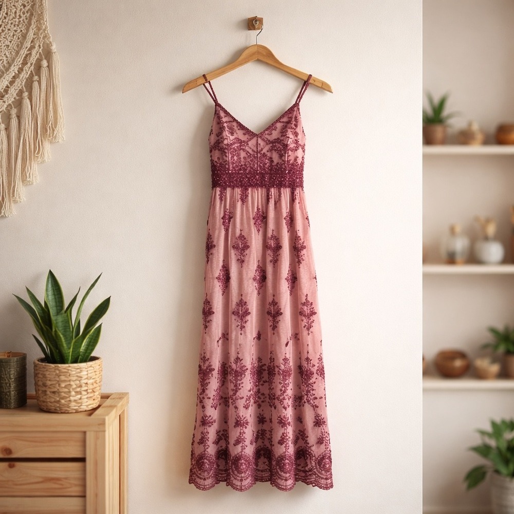 Altar'd State Apololina Mauve Purple Embroidered Mesh Maxi Dress Size XS Wedding